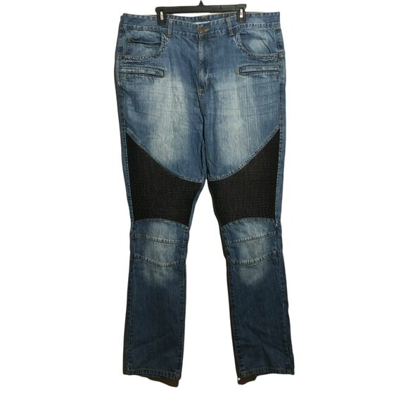 Grindhouse Moto Biker Jeans Skinny Men Size W42 Patched Knees Faded Distressed - Picture 1 of 12
